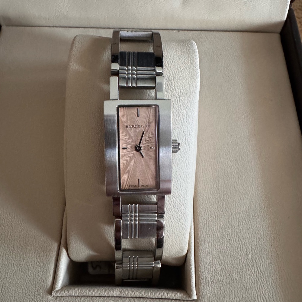 Burberry Silver and Pink Stainless Steel Rectangular Watch